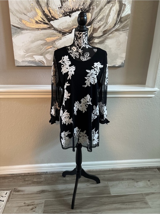 Alfani Tops - Alfani Black Mesh Blouse with White Floral Embroidery
